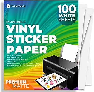 Photo 1 of Premium Printable Vinyl Sticker Paper for Inkjet and Laser Printer - 100 White Matte Sticker Paper Waterproof - Excellent Adhesion Paper 8.5 x 11, Fast Dry, Holds Ink Well, Great for Cutting Machines
