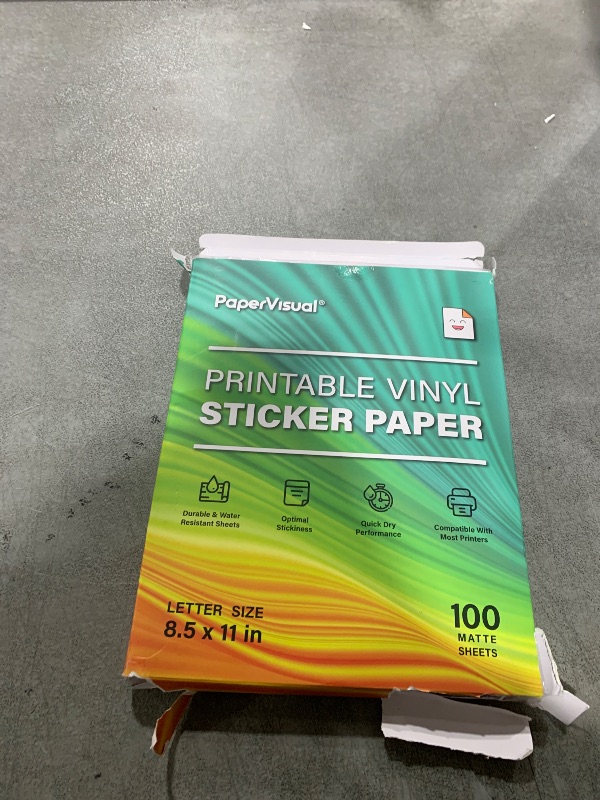 Photo 1 of Premium Printable Vinyl Sticker Paper for Inkjet and Laser Printer - 100 White Matte Sticker Paper Waterproof - Excellent Adhesion Paper 8.5 x 11, Fast Dry, Holds Ink Well, Great for Cutting Machines