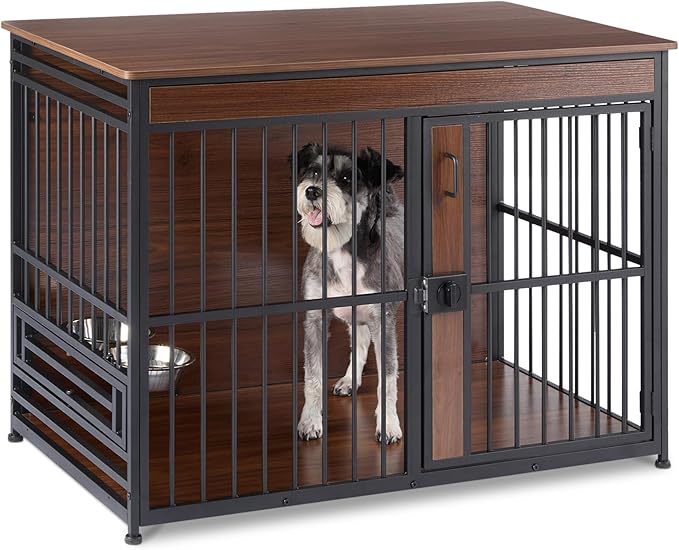 Photo 1 of Amazon Basics Furniture Style Dog Crate, Two Bowls Included, 41" x 23.6" x 29.5", Walnut
