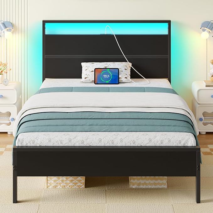 Photo 1 of PARTIAL SET Rolanstar Twin Bed Frames with Headboard, Twin Bed with LED Lights, Camas Twin Size Bed with Charging Station, Solid Metal Slats, Noise Free, No Box Spring Needed, Black

