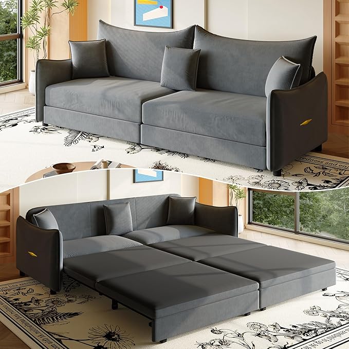Photo 1 of ( PARTIAL SET )81.9'' King Pull Out Sofa Bed, 3-in-1 Convertible Sleeper Sofa Bed, Velvet Futon Couch with 3 Pillows & Golden Accent Design, Comfy 3 Seater Couch for Living Room, Small Space, Dark Grey

