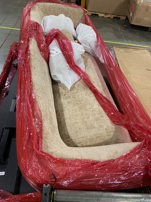 Photo 1 of Manhattan Comfort Ulka 96-Inch Contemporary Boucle Sofa for Living Room with Premium Pine Wood Frame, Metal Base, High-Density Foam Padding & 2 Bolster Pillows, Light Brown