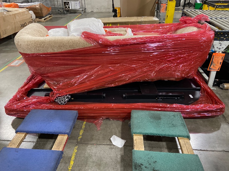 Photo 1 of Manhattan Comfort Ulka 96-Inch Contemporary Boucle Sofa for Living Room with Premium Pine Wood Frame, Metal Base, High-Density Foam Padding & 2 Bolster Pillows, Light Brown