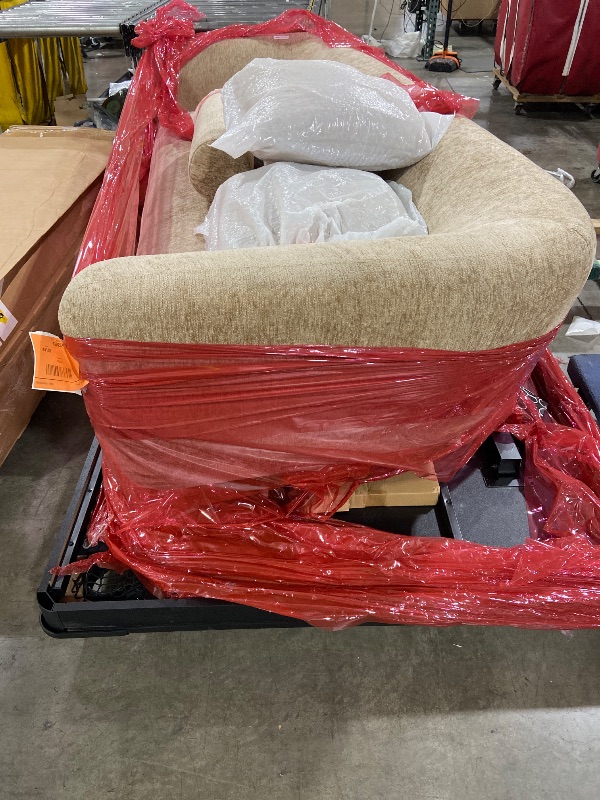 Photo 1 of Manhattan Comfort Ulka 96-Inch Contemporary Boucle Sofa for Living Room with Premium Pine Wood Frame, Metal Base, High-Density Foam Padding & 2 Bolster Pillows, Light Brown