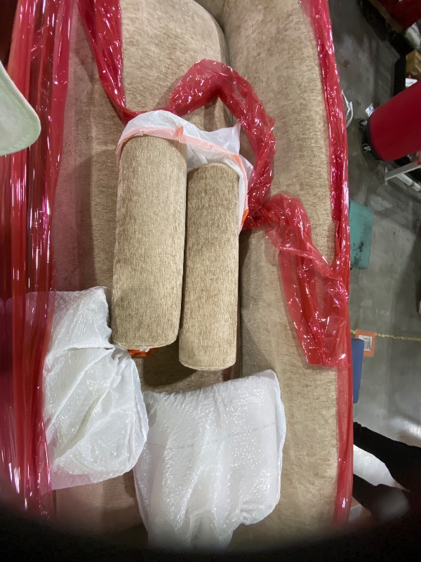 Photo 1 of Manhattan Comfort Ulka 96-Inch Contemporary Boucle Sofa for Living Room with Premium Pine Wood Frame, Metal Base, High-Density Foam Padding & 2 Bolster Pillows, Light Brown