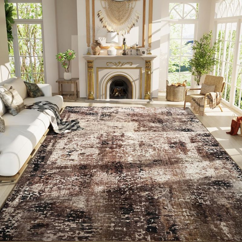Photo 1 of Ompaa Living Room Rug 8x10 Brown Area Rugs Machine Washable Abstract Coffee Boho Large Carpet Non-Slip Non-Shedding Faux Wool Indoor Vintage Rug for Bedroom, Classroom, Dining Room, Kids Playroom