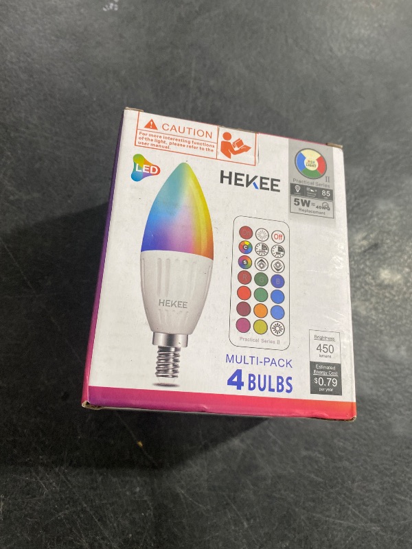 Photo 1 of HEKEE E12 LED Candelabra Light Bulbs, Color Changing Candle, C37 B11 40W Incandescent Equivalent, 450 Lumen, RGB + 2700K Warm White, 5Watt, 12 Colors, 2 Modes, Timer, Remote Control(4 Pack)