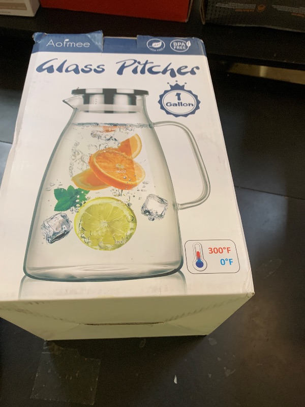 Photo 1 of 1 Gallon 128oz Glass Pitcher, Water Pitcher with Lid and Spout, Glass Carafe for Hot/Cold Drink, Water Jug for Iced Tea, Coffee, Juice, Milk, Beverage (Extra-Wide Mouth)
