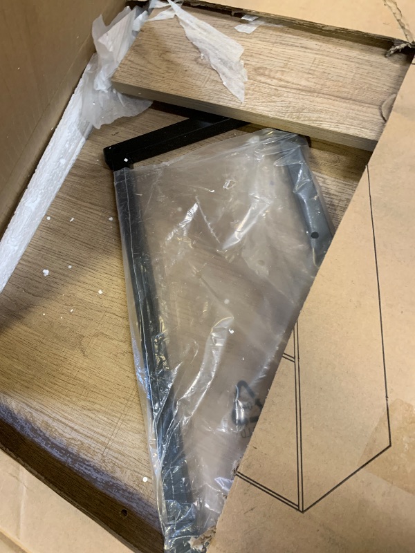 Photo 1 of **DAMAGED** Nathan James Dylan Media Console Cabinet or TV Stand with Doors for Hidden Storage in a Natural Reclaimed Oak Herringbone Wood Pattern and Metal, Oak/Matte Black