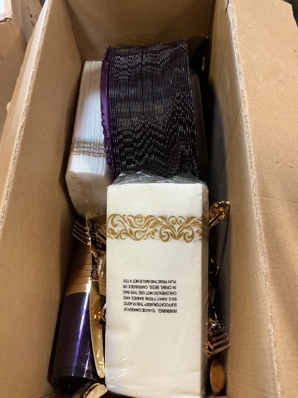 Photo 1 of *********READ CLERK NOTES**********
Nervure 350PCS Purple Plastic Plates - Purple Plastic Dinnerware Sets for 50 Guests - 100 Disposable Plates, 150 Gold Silverware, 50 Cups, 50 Napkins for Wedding & Party*********READ CLERK NOTES**********