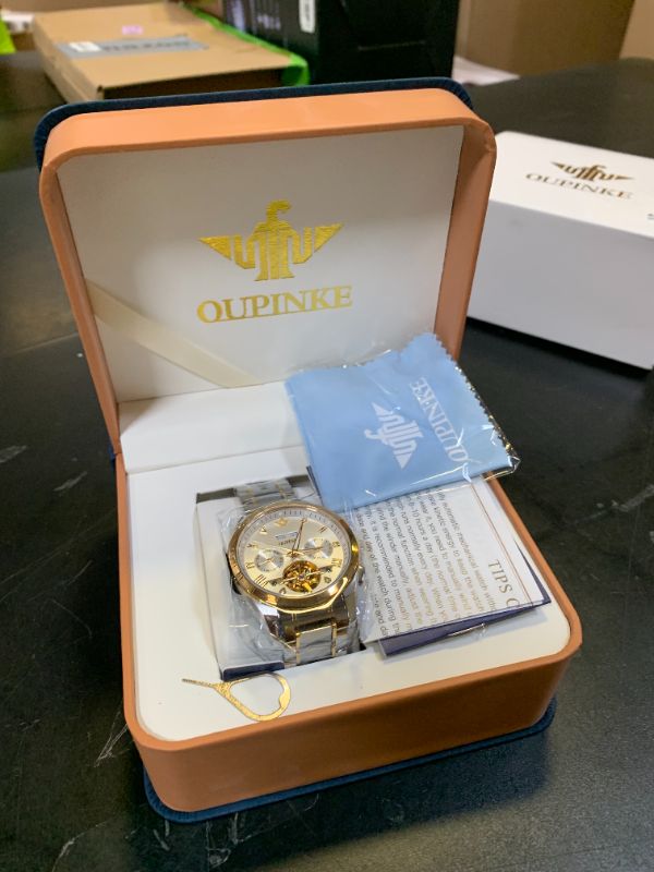 Photo 1 of OUPINKE Mens Automatic Watch Diamond Skeleton Mechanical Self Winding Luxury Dress Wrist Watch Sapphire Crystal Tungsten