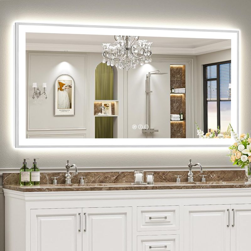 Photo 1 of AWANDEE 72x40 silver Beveled Framed LED Bathroom Mirror with Lights, Backlit & Front Lit, Anti-Fog Metal Frame Lighted Vanity Mirror for Bathroom Wall, 3 Colors, Dimmable, Memory, HD Tempered Glass
