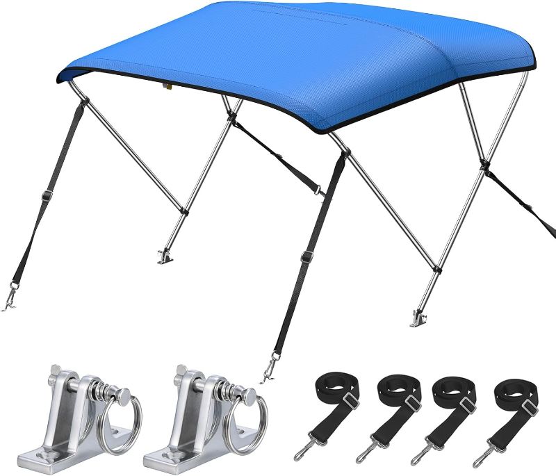 Photo 1 of KAKIT 3 Bow Bimini Top for Boats, Marine Grade Canvas Top Heavy Duty Oxford Boat Canopy Adjustable 4 Straps Zippered Storage Boot Metal Base (3 Bow 6'L x 46" H x 61"-66" W,Blue)