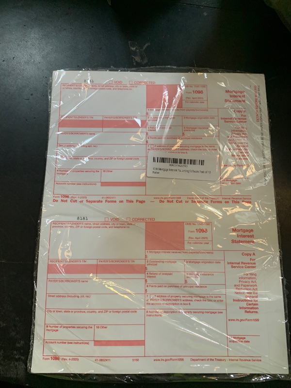 Photo 1 of 1098 Mortgage Interest Tax Form 2025, 2 Part Laser Federal Tax Forms kit with 1096 Transmittal Designed for QuickBooks and Accounting Software Pack of 10