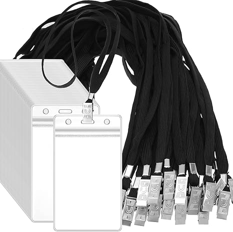 Photo 1 of 100 Pcs Lanyards for ID Badges and 100 Pcs ID Card Holder Badges Waterproof Clear Plastic Resealable Vertical Name Tag Badge Flat Neck Lanyards with Clip for Nurses Teacher