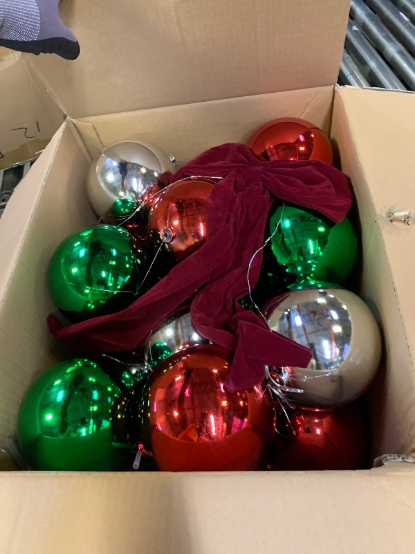 Photo 1 of Silipull 2 Sets Lighted Christmas Porch Decor, Giant Ball Garlands 6 ft with 18 Pcs 6" Large Xmas Ball 2 Pcs 20" Large Bows for New Year Party Decor Front Door Outdoor Indoor Tree Banister(Multicolor)