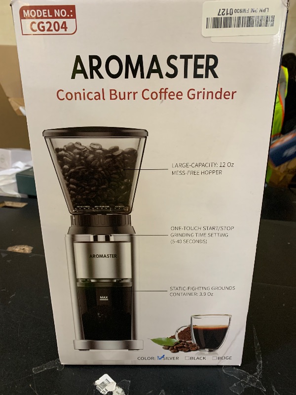 Photo 1 of Aromaster Burr Coffee Grinder with 48 Gind Settings, Conical Coffee Bean Grinder for Home Use,Stainless Steel,40 Seconds Adjustable Timer,Anti-static,Easy to Clean with Brush