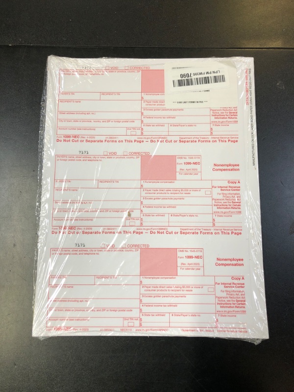 Photo 1 of 1099 NEC Forms 2025 4 Part Tax Forms Kit of Laser Forms, Compatible with QuickBooks and Accounting, 25 Pack, Software and Envelopes NOT Included, Made in The USA