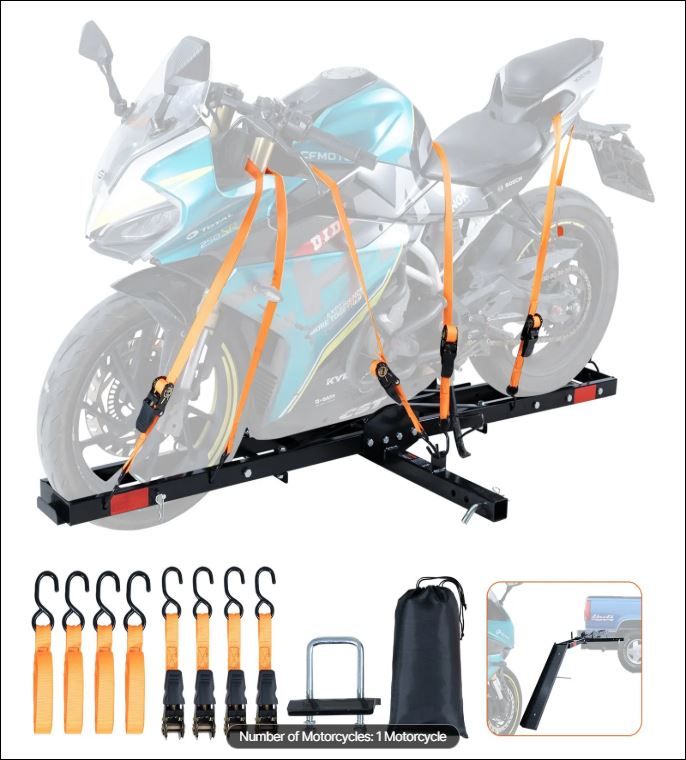 Photo 1 of VEVOR Motorcycle Carrier, 600 LBS Steel Motorcycle Carrier Hitch Mount with Loading Ramp, Scooter Dirt Bike Trailer Hauler with Ratchet Straps and Stabilizer, for Car, Truck with 2" Hitch Receiver
