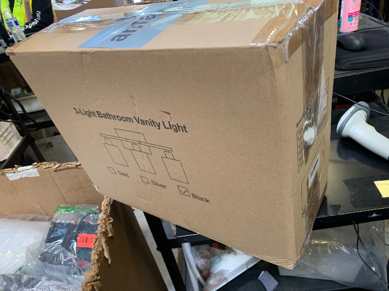 Photo 1 of PARTPHONER Bathroom Light Fixtures, Bathroom Lighting Fixtures Over Mirror, Interior Classic Vanity Lights, Modern Vanity Light with Textured White Glass Shade, Matte Black, 3-Light