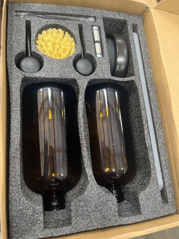 Photo 1 of [Luxury] Kitchen Soap Dispenser Set - 16OZ Amber Glass Bottle, Stainless Steel Pump, Instant Dry Tray, Waterproof Labels, Non-Slip Silicone Pad, and Dish Brush | Upgrade for Your Kitchen and Bathroom