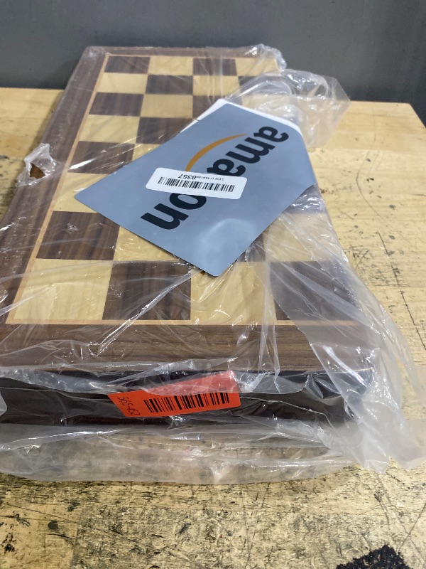 Photo 1 of 2 in 1 Magnetic Chess Set & Checkers Board Game, 15" Wooden Folding Chess Board with 2 Extra Queens, Portable Travel Chess Set with Pieces Storage Slots, Beginner Chess Board Game for Adults & Kids