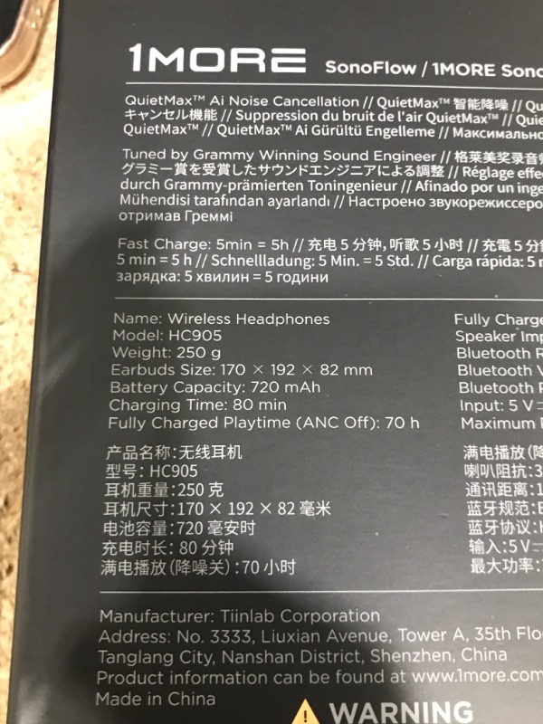 Photo 1 of 1MORE SonoFlow Active Noise Cancelling Headphones, Bluetooth Headphones with LDAC for Hi-Res Wireless Audio, 70H Playtime, Clear Calls, Preset EQ Via App, Black