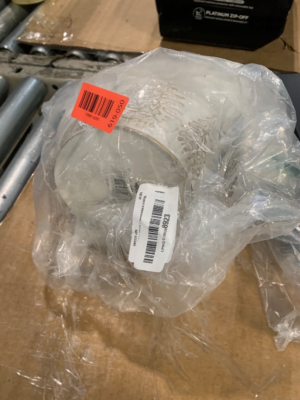 Photo 1 of **Dented**Napco Embossed Forest Trees with Hard Liner - 6 Inch Distressed White Metal Round Standing Indoor or Outdoor Planter Cache Pot Cover