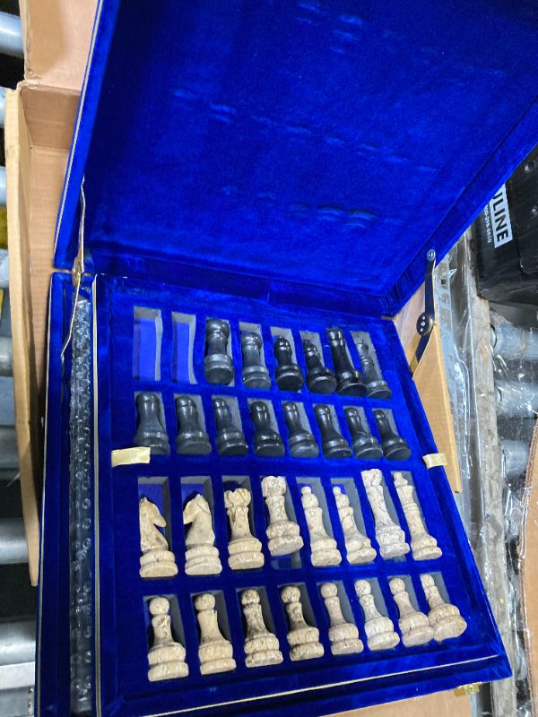 Photo 1 of ***MISSING PARTS*** NB 12-Inch Handcrafted Marble Chess Set with Blue Velvet Gift Box – Elegant Stone Chessboard with Full Set of Carved Chess Pieces (Black Coral)