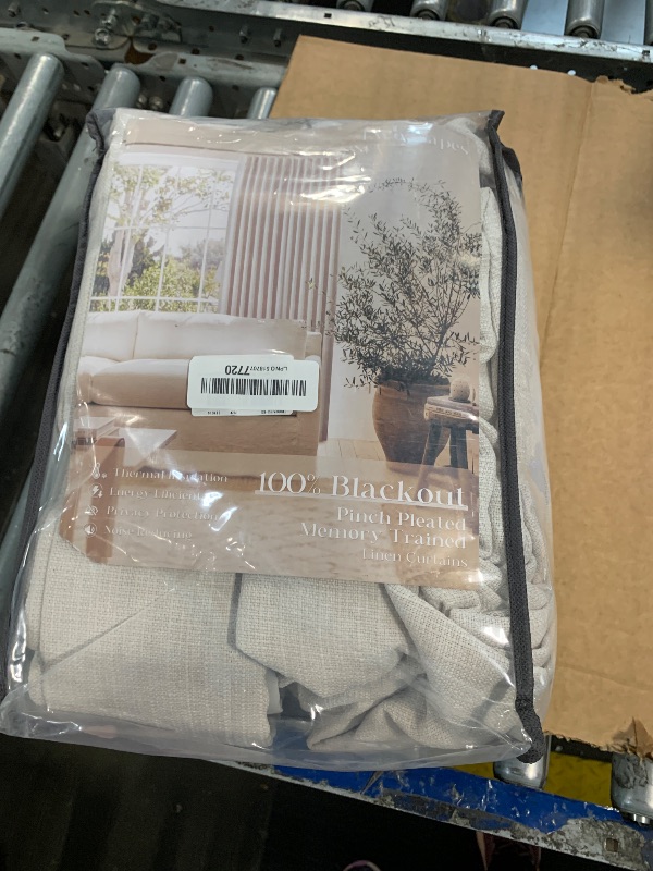 View 2 of 105 Inch Blackout Linen Curtains Pinch Pleat for Bedroom Living Room Darkening Neutral Pleated 100% Black Out Thermal Insulated Window Drapes Double Layer Soundproof Curtains 2 Panels Ivory Natural