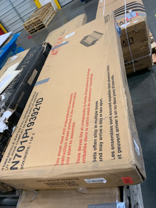 Photo 1 of ** UNTESTED / TWO BOX *** Merax Full Bedframe with Full Size Trundle and Footboard, Vintage Wooden Daybed Platform Bed with Natural Rattan Headboard, Noise-Free, No Box Spring Needed, Antique Walnut