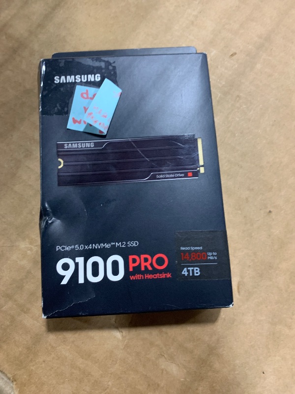 Photo 1 of *UNTESTED*
Samsung SSD 9100 PRO with Heatsink 4TB, PCIe 5.0x4 M.2 2280, Seq. Read Speeds Up to 14,800/13,400 MB/s, Best for AI Computing, Gaming, and Heavy Duty Workstations (MZ-VAP4T0CW)