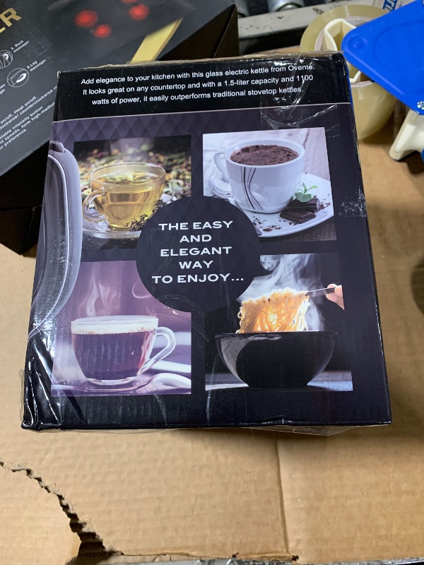 Photo 1 of *UNTESTED*
OVENTE Electric Kettle, 1.5L Borosilicate Glass Countertop Water Heater and Boiler for Coffee or Tea, BPA-Free, Auto Shut-Off, Boil-Dry Protection, Removable and Washable Spout Filter, Black KG83B