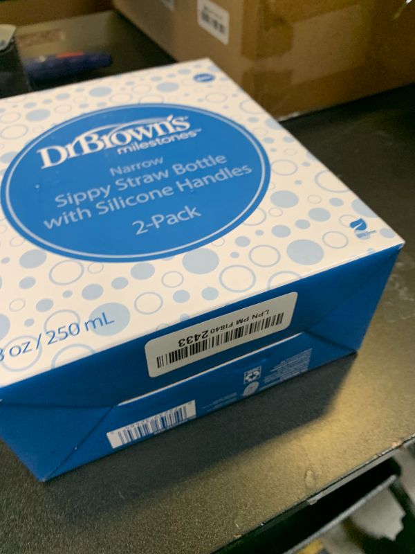 Photo 1 of *INCOMPLETE** Dr. Brown's Milestones Narrow Sippy Straw Bottle, Spill-Proof with 100% Silicone Handles and Weighted Straw, 8 oz/250 mL, Gray & Green, 6m+