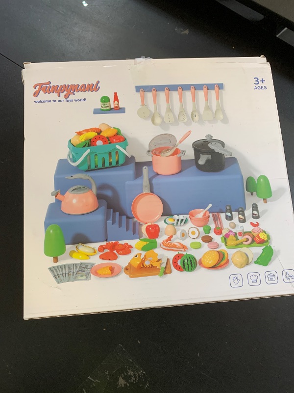 Photo 1 of 130Pcs Kitchen Playset, Toddler Pretend Cooking Play Pots, Pans, Utensils Cookware, Daily Food Fruit Veges, Shopping Storage Basket, Dessert, Prop Money, Learning Gift for Child (Pink)