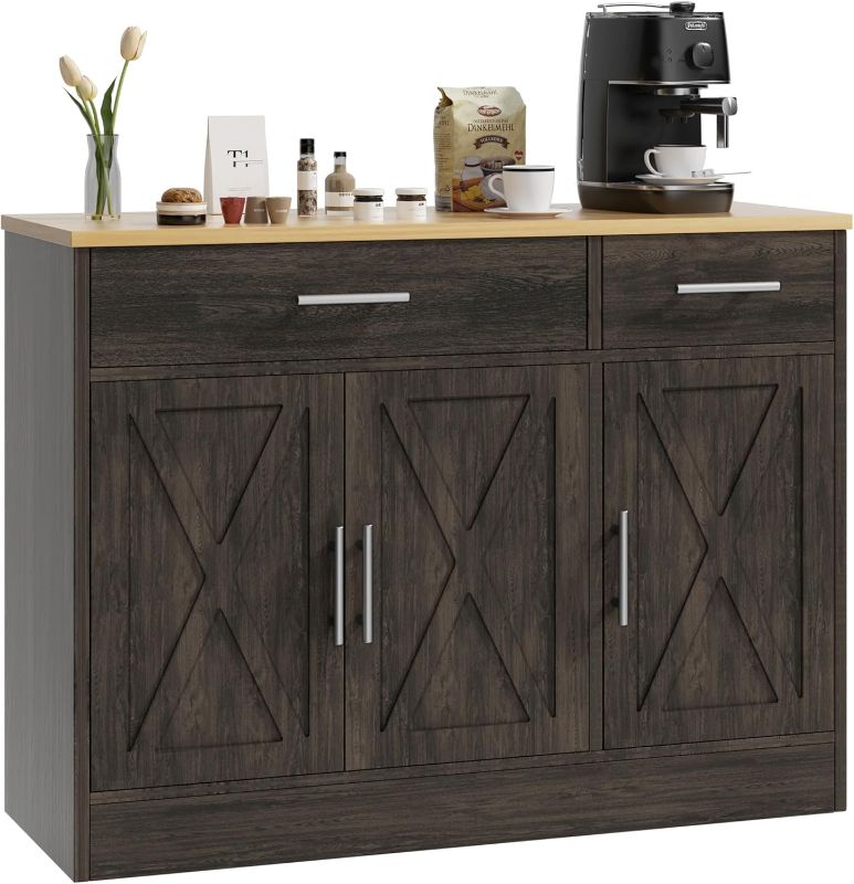 Photo 1 of Farmhouse Buffet Cabinet with Storage, Coffee Bar and Dining Room Sideboard, Dark Brown Wood with Drawers and Shelves