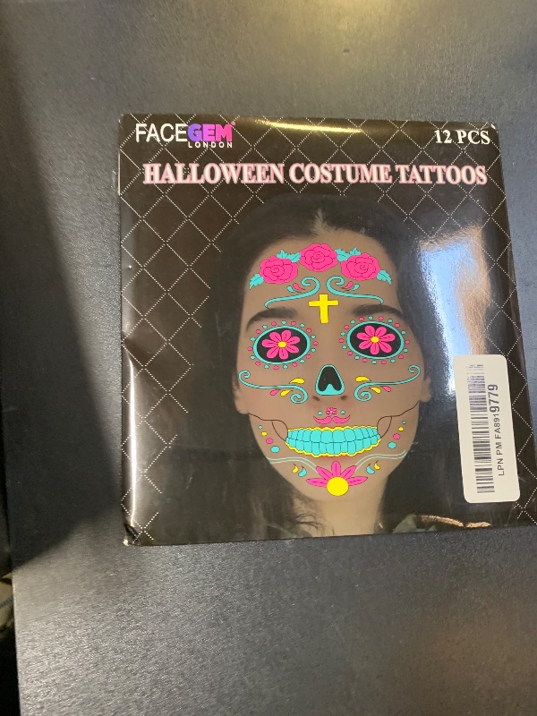 Photo 1 of 12 PCS Day of the Dead Costume Tattoos for Halloween - Temporary Sugar Skull Face Stickers for Makeup, Masquerade, Parties. Halloween tattoos, Face & Body Tattoos for Events. Day of the Dead Tattoos