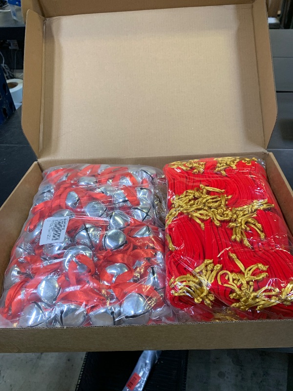 Photo 1 of 100 Sets Christmas Bells Decor Christmas Believe Bell Ornaments Bulk for Express Bell Decorations with Tags Red Velvet Bag for Xmas Party Favors Santa Silver Sleigh Jingle Bells DIY Craft