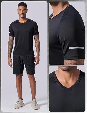 Photo 1 of Mens V-Neck Dry Fit T-Shirts, Active Athletic Short Sleeve Workout Tops, Performance Gym Tees (Set 2, X-Large)