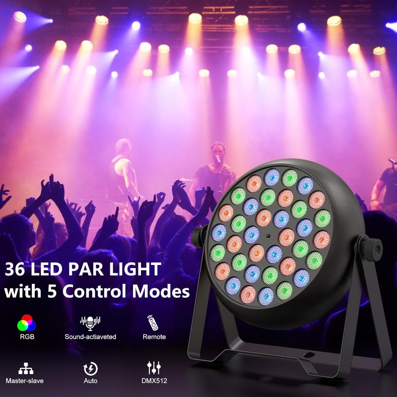 Photo 1 of 36 LED Stage Lights, Corded RGB Par Lights, 4/7 CH LED Stage Lights, LED Par Can with Sound Activated & DMX 512, Par Lights for Wedding, Birthday, Show, Party, KTV, 4 Pack

