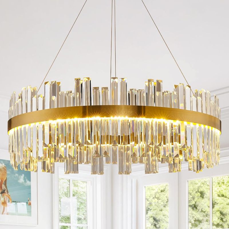Photo 1 of 23.6" Dimmable Modern LED Crystal Chandeliers,Gold Chandelier Light Fixture, 3 Colors Contemporary Pendant Ceiling Light for Dining Room Living Room Kitchen Island Entryway Foyer ,With Remote Control