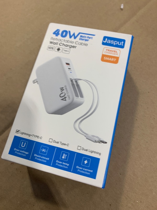 Photo 1 of 4 in 1 Retractable Wall Charger with Dual Cables,40W Retractable Phone Charger Wall Plug with Dual USB Ports,20W USB C Chargers Block Fast Charging for iPhone 17 16 15 14 13,LG, Galaxy S24 23,Pixel