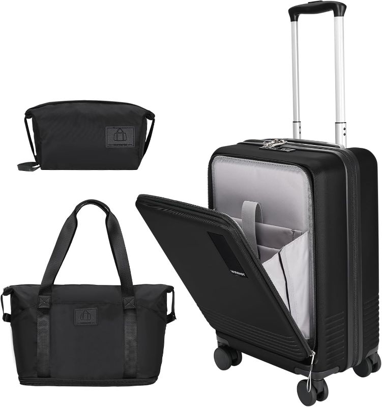 Photo 1 of 20 inch Small Carry On Luggage Front Open with Laptop Pocket, ABS+PC Hard Shell Suitcase with Spinner Wheels TSA Lock & YKK Zipper, 20in/Toiletry Bag/Handbag, Black
