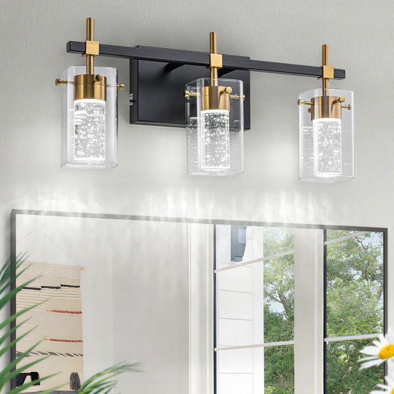 Photo 1 of 3-Light Black and Gold Vanity Light with 3 Color Modes (3000K/4000K/6000K),Dimmable Modern Wall Light Over Mirror,LED Bathroom Light Fixturewith Clear Glass Shade
