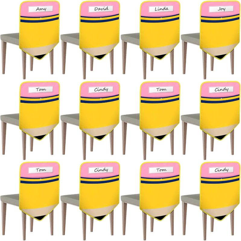 Photo 1 of 12 Pack Pencil Chair Pockets for Classrooms Bright Color Seat Back Seat Pockets with 12 PCS Name Tags Back of Chair Pockets for Kindergarten High School Home, 17 X 18 Inch
