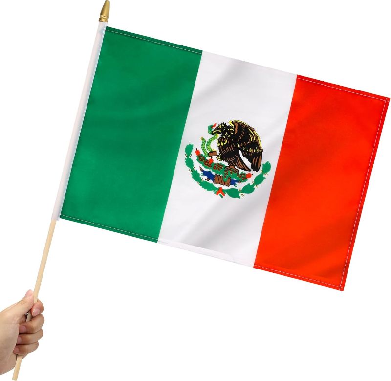 Photo 1 of 12 Pack Mexico Stick Flags Small 12x18 Inch Mexican Hand Held Flags with 24 Inch Wooden Pole Decorations