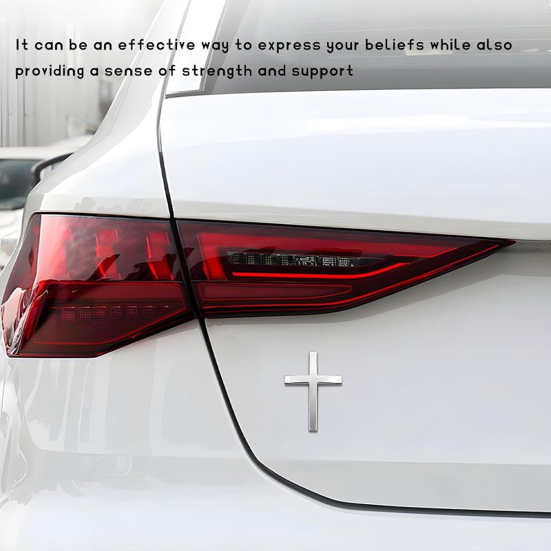 Photo 1 of 2 PCS Metal Christian Cross Emblem Stickers, 2.5"×1.8" Alloy 3D Car Cross Sticker Badge, Self-Adhesive Emblem Decal Decoration for Auto Trunk Tailgate Fenders, Car Exterior Decal (Silver)
