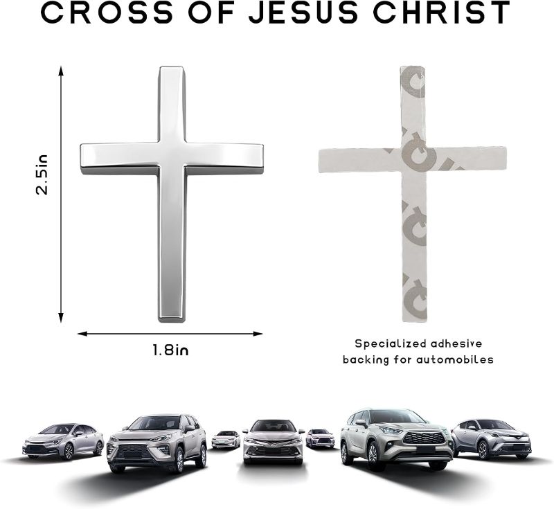 Photo 1 of 2 PCS Metal Christian Cross Emblem Stickers, 2.5"×1.8" Alloy 3D Car Cross Sticker Badge, Self-Adhesive Emblem Decal Decoration for Auto Trunk Tailgate Fenders, Car Exterior Decal (Silver)
