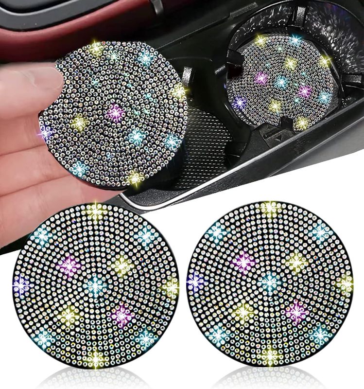 Photo 1 of   2pcs Bling Car Cup Holder Coaster, 2.75 inch Anti-Slip Shockproof Universal Fashion Car Coasters Insert Bling Crystal Rhinestone Automotive Interior Accessories for Women (2 pcs, Multicolor)	