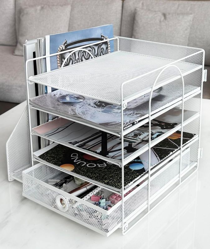 Photo 1 of 5-Tier Paper Letter Organizer with File Holder, Desk Organizer with Drawer, Mesh Desktop Storage with Magazine Holder for Office Supplies (White)

